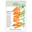 Botanical Interests organic seed packet for Little Finger heirloom carrots, illustrated with a row of short slender orange carrots and feathery green tops, with text noting frost tolerance, 57 days to maturity, and a description praising its mini size and sweet flavor for containers.