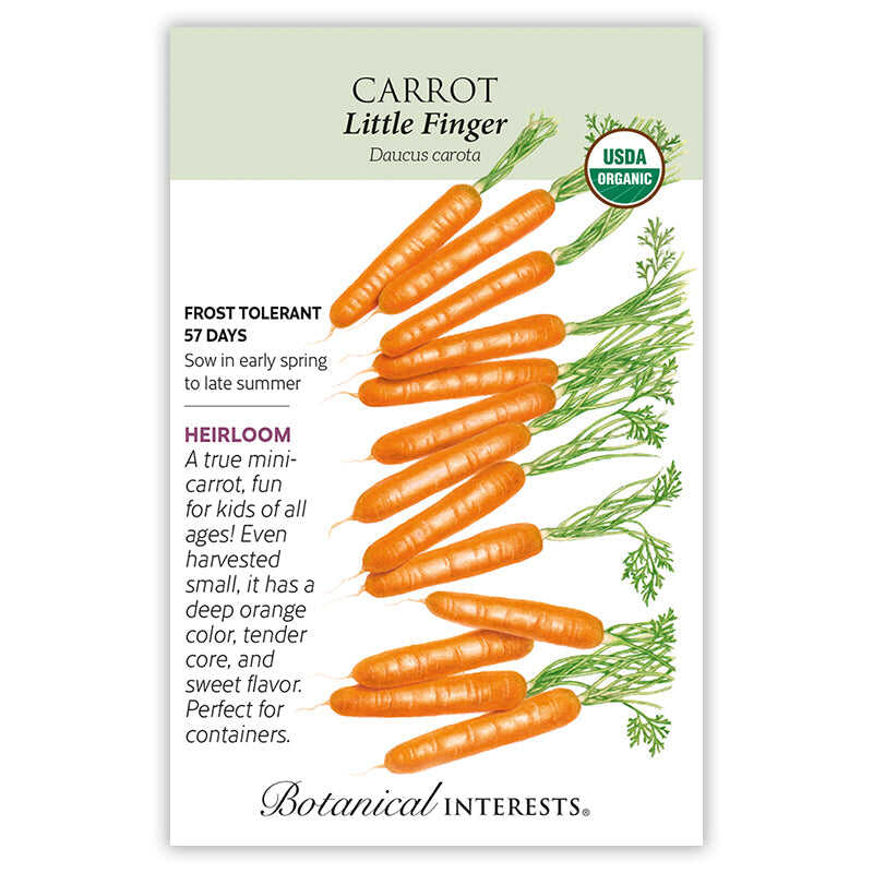 Seed packet for Botanical Interests Heirloom Little Finger Carrot, illustrated with rows of short stubby orange mini-carrots with green tops, labeled USDA Organic, frost tolerant, 57 days, and described as sweet-flavored and ideal for containers.