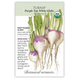 Seed packet for Purple Top White Globe organic heirloom turnip, illustrated with white round roots blushed purple at the crown and leafy green tops, plus text noting frost tolerance, 50-day maturity, and sowing in early spring or late summer.
