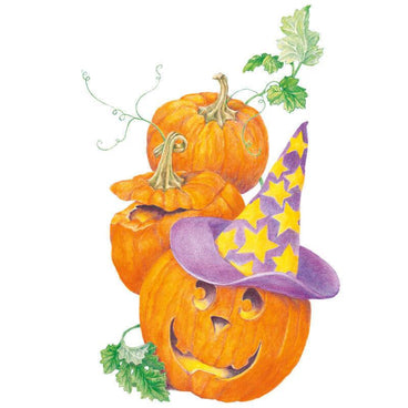 Illustration of three stacked orange Howden pumpkins with curling green vines and leaves, the bottom pumpkin carved into a smiling jack-o'-lantern face and wearing a purple witch's hat patterned with yellow stars.