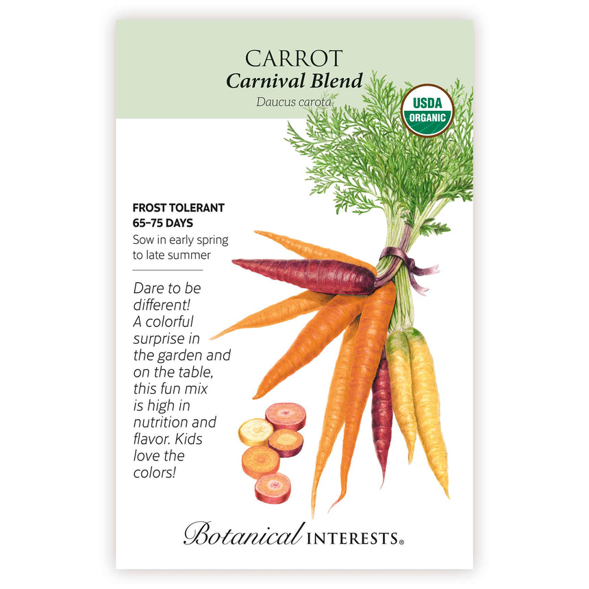 Botanical Interests organic Carrot Carnival Blend seed packet illustrating a bunch of purple, orange, and yellow carrots with feathery green tops and sliced cross-sections, with text noting frost tolerance, 65–75 day maturity, and spring-to-summer sowing.