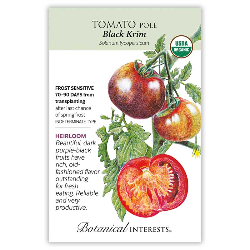 Black Krim Tomato Pole seed packet for 'Black Krim' tomatoes with illustrations and botanical information on a white background