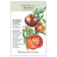 Seed packet for Black Krim Pole Tomato, USDA Organic, illustrated with dark purple-black tomatoes on the vine and a halved fruit showing red flesh, with text noting it's frost sensitive, 70-90 days from transplanting, indeterminate, heirloom, and productive.