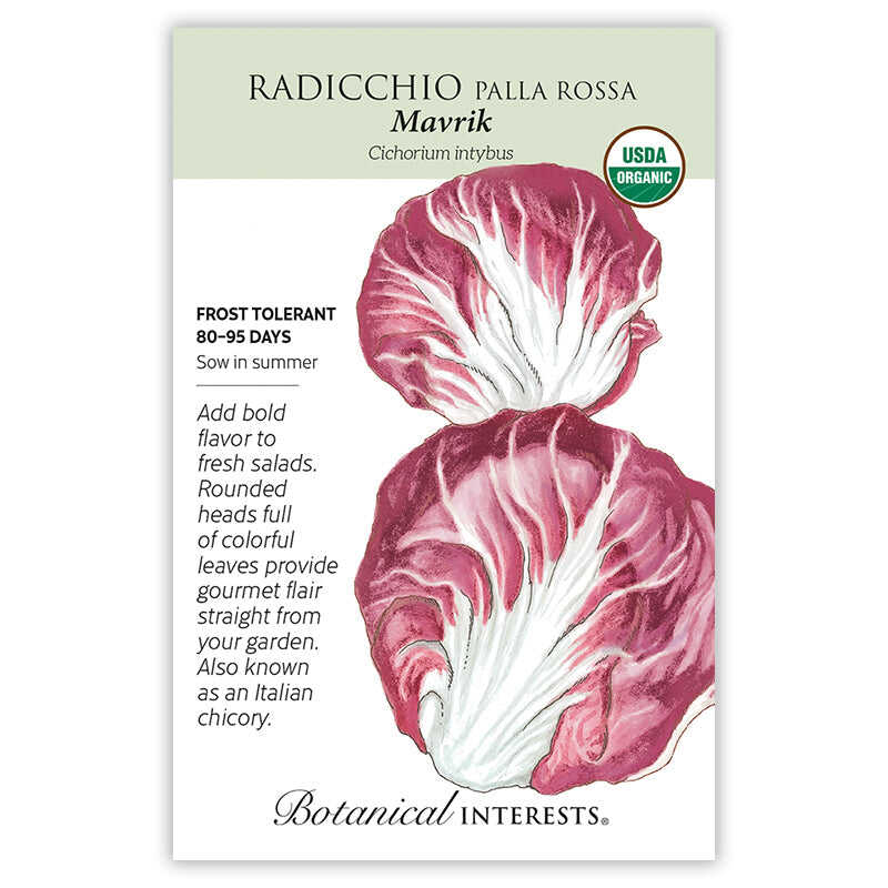 Seed packet for Palla Rossa Mavrik Radicchio featuring an illustration of two round, deep red-and-white marbled radicchio heads, with text noting USDA Organic certification, frost tolerance, an 80-95 day maturity, and a description praising its bold flavor for salads.