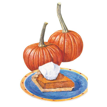 Illustration of two ribbed orange sugar pie pumpkins with curved stems behind a blue plate holding a slice of pumpkin pie topped with whipped cream.