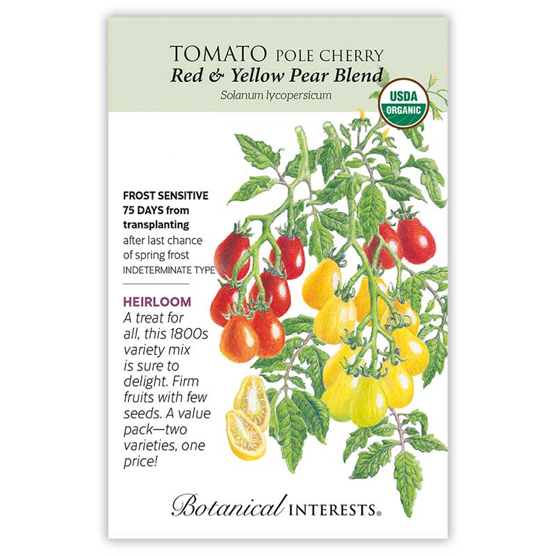 Seed packet for Botanical Interests organic Tomato Pole Cherry Red & Yellow Pear Blend, illustrated with clusters of pear-shaped red and yellow cherry tomatoes on a leafy vine, with text noting it's a frost-sensitive, indeterminate heirloom variety maturing in 75 days.