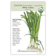 Front of an organic Botanical Interests seed packet for White Lisbon Bunching/Scallion Onion Seeds featuring a USDA Organic seal and botanical information and illustrations of freshly harvested scallions with green tops and white bulbs tied with a green ribbon.