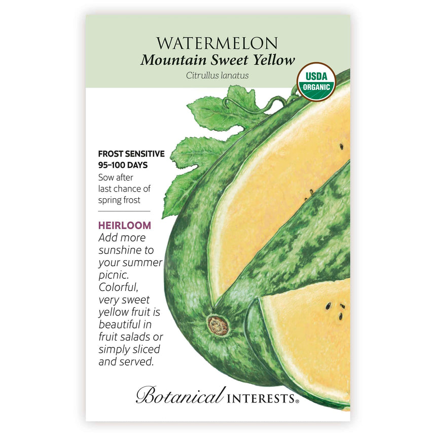 Seed packet for Mountain Sweet Yellow Watermelon, an heirloom, USDA organic variety, illustrated with a whole striped green melon and cut wedges revealing bright yellow flesh, plus text noting frost sensitivity and a 95–100 day growing period.