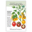 Seed packet for Tomato Pole Cherry with botanical illustration and botanical information.