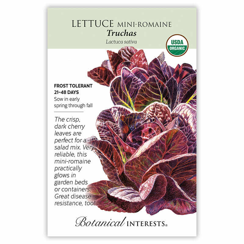 Botanical Interests organic seed packet for Truchas Mini-Romaine Lettuce, illustrated with a cluster of ruffled dark cherry-red leaves veined with green, alongside text noting frost tolerance, a 21-48 day maturity, spring-through-fall sowing, and disease resistance.
