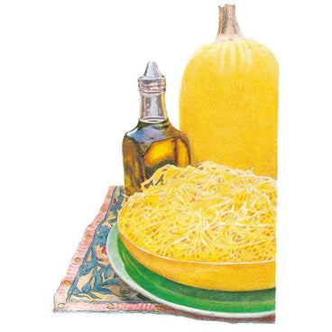 Detailed botanical illustration of a whole yellow spaghetti squash next to a bowl filled with cooked, shredded squash strands and a bottle of olive oil for Vegetable Spaghetti Winter Squash Seeds.