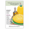 Front of an organic Botanical Interests seed packet for Vegetable Spaghetti Winter Squash Seeds featuring a USDA Organic seal and botanical information and illustration of a cooked spaghetti squash dish served next to a whole yellow squash and a bottle of olive oil.
