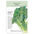 Seed packet for Belstar organic broccoli featuring a detailed illustration of a broccoli head with tightly clustered green florets and thick stalk, alongside USDA Organic seal and text noting frost tolerance, 65–70 day maturity, and heat resistance.