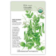 Botanical Interests seed packet for USDA Organic Cascadia Snap Pea, illustrated with detailed green pods, tendrils, leaves and white blossoms, with printed text noting frost tolerance, 60-day maturity, and sowing instructions for early spring and late summer.