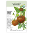 Front of a Botanical Interests "Tomato Bush Beefy Purple" USDA Organic seed packet displaying botanical illustrations of mahogany and green-striped tomatoes on leafy vines with yellow blossoms on a white background.