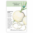 Seed packet for Botanical Interests organic Gladstone onion, illustrated with a large white bulb topped by green stems beside a halved onion and sliced rings, with text noting intermediate day length, 110 days to maturity, and a mild, sweet flavor with good storage ability.