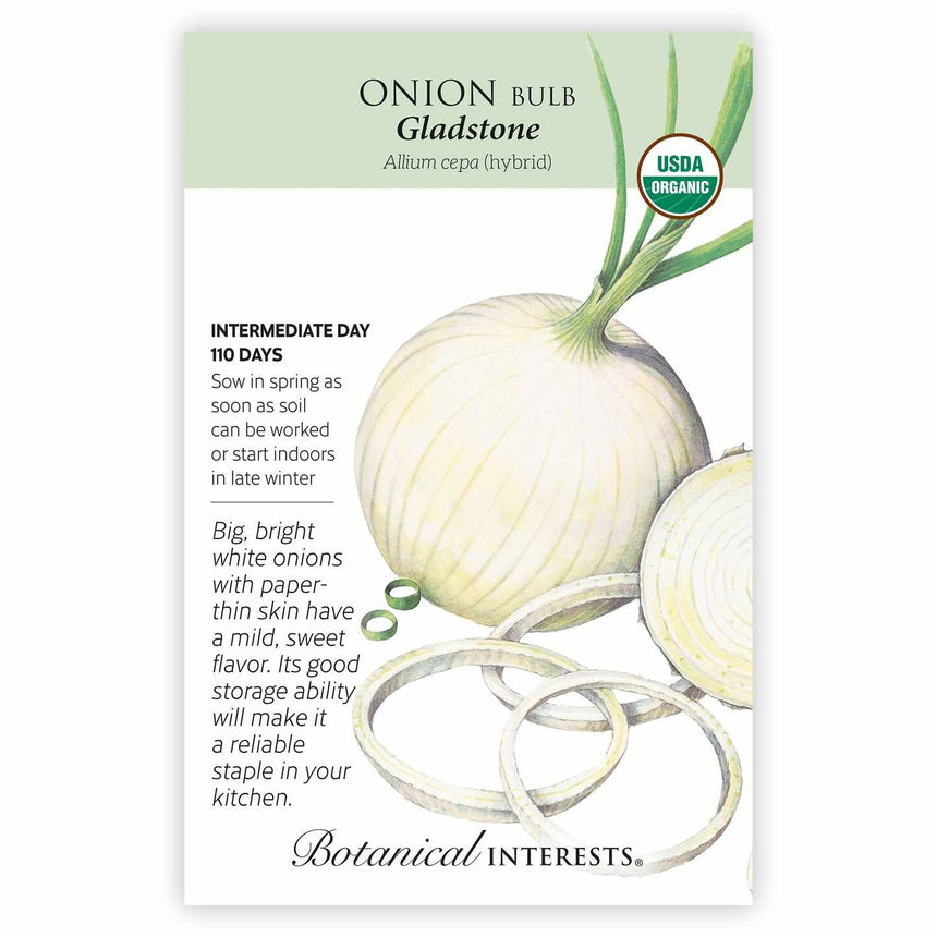 Seed packet for Botanical Interests organic Gladstone onion, illustrated with a large white bulb topped by green stems beside a halved onion and sliced rings, with text noting intermediate day length, 110 days to maturity, and a mild, sweet flavor with good storage ability.