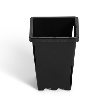 Black square plastic nursery pot with tapered sides and drainage slots at the base, embossed "Epic Trays" branding below the rim, shown against a plain white background.