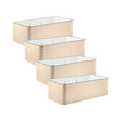 Four identical rectangular raised garden beds in corrugated light clay-coloured metal, tall-sided with white interiors, arranged in a staggered row on a plain white background.