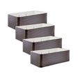 Four identical rectangular raised garden beds with corrugated dark grey metal sides and white interior linings, shown stacked in a staggered row on a white background.