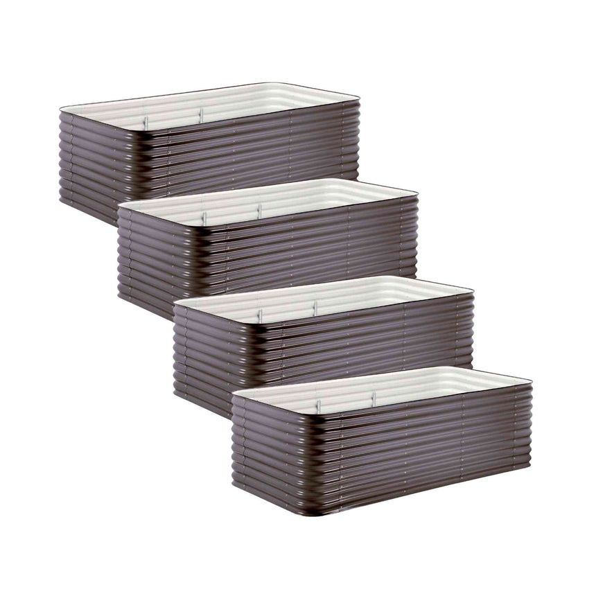 Four identical rectangular raised garden beds with corrugated dark grey metal sides and white interior linings, shown stacked in a staggered row on a white background.