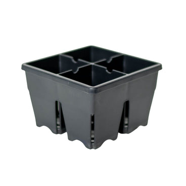 Black plastic seed starting tray divided into four equal square cells with a ribbed, vented base, shown against a plain white background.