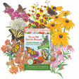 Botanical Interests "Eastern Breeze" Butterfly Garden native seed collection packet, surrounded by illustrated milkweed, coreopsis, black-eyed Susan and coneflower blooms with monarch, swallowtail and other butterflies, packet text noting five seed packets, a seed-starting guide, and the monarch's story inside.