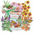 Midwest Flutter Native Seed Collection packet, containing five seed packets, shown against illustrated milkweed, coneflower, coreopsis, and agastache blooms visited by monarch and swallowtail butterflies, with text promoting monarch conservation.