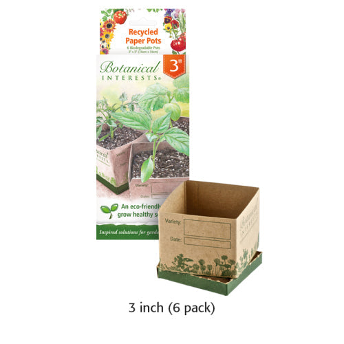Square 3-inch brown recycled paper seedling pot labeled 3-inch 6 pack next to Botanical Interests product packaging against a white background