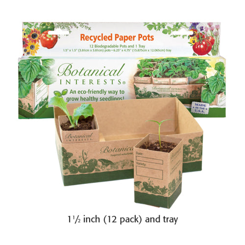 Packaging and assembled 1 1/2-inch paper seedling pots with tray, featuring young plant starts.