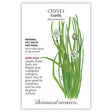 Seed packet for Botanical Interests Garlic Chives featuring an illustration of slender green leaves topped with clusters of small white star-shaped flowers and a closed round bud, with text noting it's a perennial heirloom suited to full sun to part shade, containers, or indoor growing.