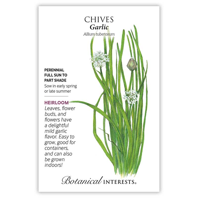 Seed packet for Botanical Interests Garlic Chives featuring an illustration of slender green leaves topped with clusters of small white star-shaped flowers and a closed round bud, with text noting it's a perennial heirloom suited to full sun to part shade, containers, or indoor growing.