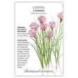 Seed packet of Common Chives with chives illustration and botanical information about the plant on a white background