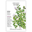 Seed packet for True Greek Oregano featuring a botanical illustration of leafy green stems with small clusters of pale pink flowers, alongside text noting it's a heirloom perennial for full sun, sown after spring frost, described as adding flavor to eggs, meats, vegetables, and Italian and Greek dishes.