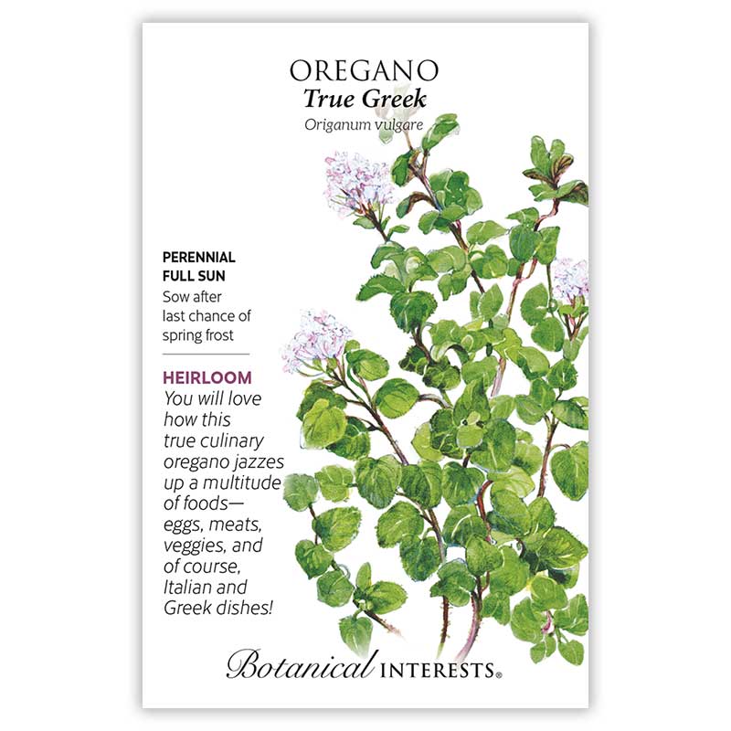 Seed packet for True Greek Oregano featuring a botanical illustration of leafy green stems with small clusters of pale pink flowers, alongside text noting it's a heirloom perennial for full sun, sown after spring frost, described as adding flavor to eggs, meats, vegetables, and Italian and Greek dishes.