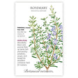 Rosemary seed packet with plant illustration and botanical information on a white background