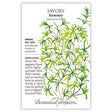 Botanical Interests seed packet for Summer Savory featuring an illustration of slender green stems with narrow leaves and small blue flowers, alongside text noting it's a full-sun heirloom annual with a peppery flavor suited to salads, herb rubs, and bouquets.