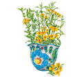 Illustration of Mexican tarragon growing in a hand-painted blue and green floral ceramic pot, its slender green stems bearing clusters of small five-petaled orange-yellow flowers, with a few loose sprigs and blooms scattered beside the pot.