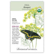 Seed packet for Botanical Interests organic heirloom 'Bouquet' dill, illustrated with feathery foliage, umbels of tiny yellow flowers, and a black swallowtail butterfly, with text noting it's an annual for full sun, sown spring through summer, prized for pickling and attracting swallowtails.