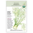 Seed packet for Romanesco Fennel featuring a botanical illustration of the bulbing white base with feathery green fronds, plus text noting it's a perennial, full-sun heirloom maturing in 80-100 days with good bolt resistance.