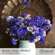 Bouquet of bright blue bachelor's button flowers in a white pitcher vase, labeled "Bachelor's Button Tall Blend," "Photo by Kelley Rose," and "Botanical Interests" for Tall Blend Bachelor's Button Seeds.