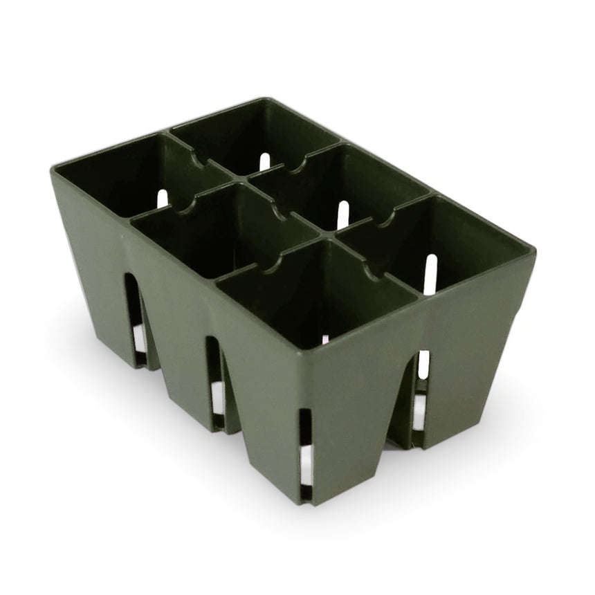 Sage-green plastic seed starting tray divided into six deep square cells, each with a white plunger at the base for easily pushing out seedlings, shown on a plain white background.
