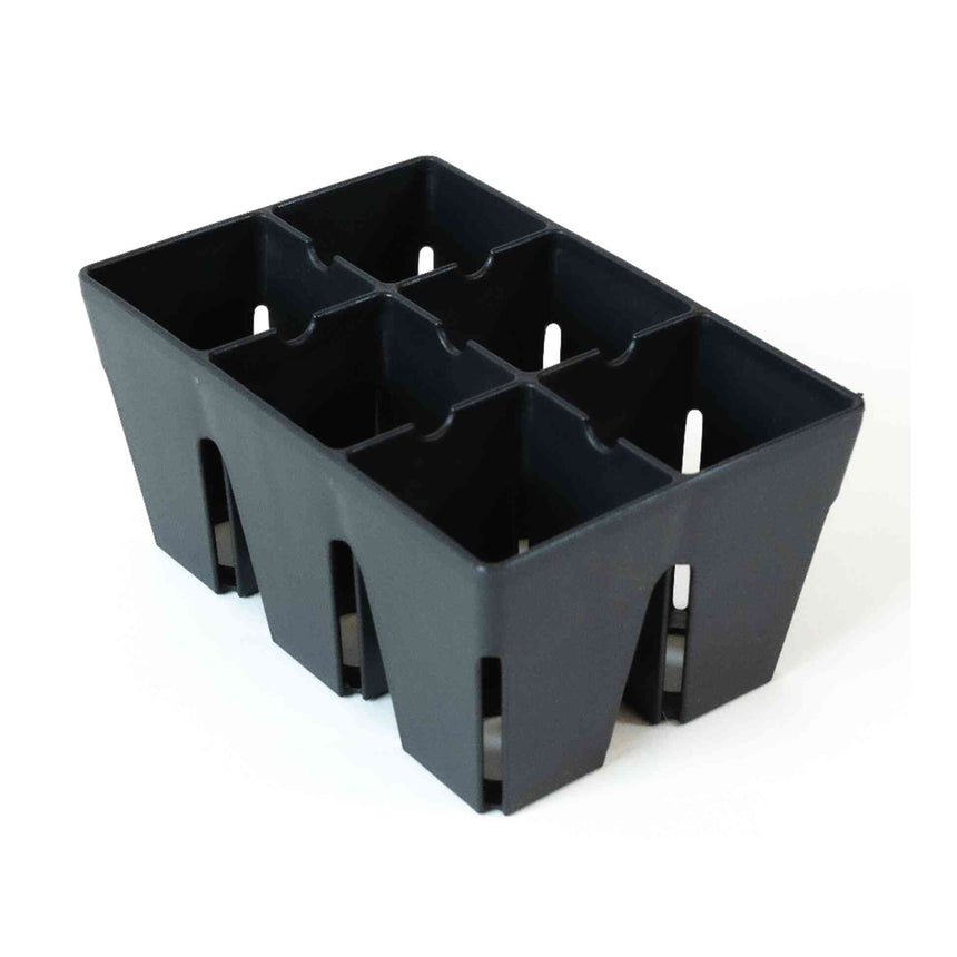 Black plastic six-cell seed starting tray with tapered square cells and small drainage slots at the base of each divider, shown on a plain white background.