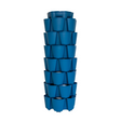Empty blue plastic GreenStalk vertical planter with seven stacked tiers of overlapping pockets around a central column, standing on small wheeled feet, photographed against a plain white background.