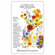 Botanical Interests seed packet for Water-Wise Garden Flower Mix, illustrated with an assortment of drought-tolerant blooms including red-centered gaillardia, marigolds, coreopsis, blue lupine and white flowers, with text noting full sun, spring-to-frost blooming, 4"–36" heights, and a description of adaptable annual and perennial varieties.