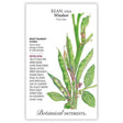 Botanical Interests seed packet for Windsor Fava Bean, illustrated with a detailed botanical drawing of the plant's thick green stalk, broad leaves, and an open pod revealing large light-green beans, alongside printed text noting frost tolerance, a 75-day maturity, and heirloom description dating to 1863.