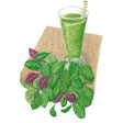 Illustration of a bundle of baby greens with glossy green and deep purple leaves piled beside a tall glass of green smoothie with a striped straw, resting on a wooden board.