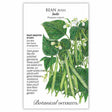 Seed packet for Jade Bush Bean Seeds featuring plant details and a botanical illustration of slender green bean pods with white blossoms and green leaves.