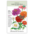 Front of an organic Botanical Interests seed packet for California Giants Blend Zinnia Seeds displaying a USDA Organic seal and a colorful illustration of pink, orange, red, and white zinnia blossoms with a butterfly.