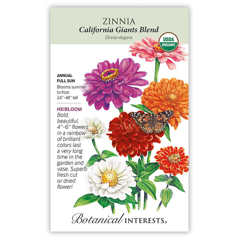 Front of an organic Botanical Interests seed packet for California Giants Blend Zinnia Seeds displaying a USDA Organic seal and a colorful illustration of pink, orange, red, and white zinnia blossoms with a butterfly.